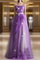 Purple Tulle A-Line Straps Long Formal Dress, Purple Floor Length Semi Formal Prom Dress