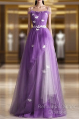 Purple Tulle A-Line Straps Long Formal Dress, Purple Floor Length Semi Formal Prom Dress