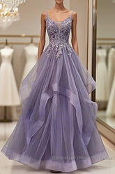 Purple Tulle Layers Long Formal Gown Lace Applique Party Dress A Line Floor Length Semi Formal Prom Dress