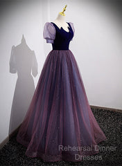 Purple Velvet And Tulle Short Sleeves Evening Dress, Purple A-Line Formal Dress Semi Formal Prom Dress