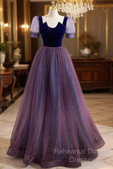 Purple Velvet And Tulle Short Sleeves Evening Dress, Purple A-Line Formal Dress Semi Formal Prom Dress