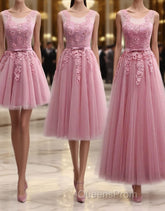 Pink Round Neck Lace Tulle Evening Prom Dress, Lace Evening Dress