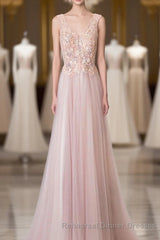 Pink V Neck Lace Long Semi Formal Prom Dress, Cheap Evening Dress