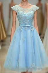 Light Blue Lace Tulle Short Semi Formal Prom Dress, Homecoming Dress