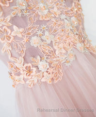 Pink V Neck Lace Long Semi Formal Prom Dress, Cheap Evening Dress