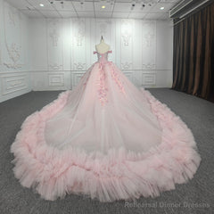 Quinceanera Ball Gown Off-the-Shoulder Sequined Pink Dress