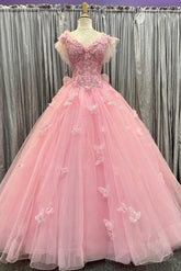 Quinceanera Dress Pink Tulle 3D Floral Lace Bow-Back Ball Gown with Flutter Sleeves