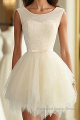 Cute A Line Tulle Round Neck Mini Semi Formal Dresses, Cheap Evening Dresses