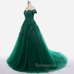 Real Off Shoulder Green Semi Formal Prom Dresses Beaded Appliques Emerald Quince Dress
