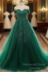 Real Off Shoulder Green Semi Formal Prom Dresses Beaded Appliques Emerald Quince Dress