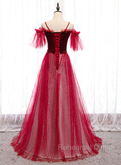 Red A-Line Floor Length Off Shoulder Long Semi Formal Prom Dress, Red Long Evening Dress