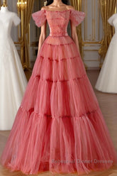 Red Aline Tulle Long Semi Formal Prom Dresses, Red Tulle Formal Graduation Dresses With Beading Sequin