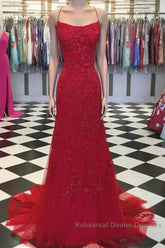 Red Backless Mermaid Lace Semi Formal Prom Dresses, Red Backless Lace Formal Graduation Evening Dresses