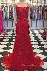 Red Backless Mermaid Lace Evening Prom Dress, Red Backless Lace Formal Graduation Evening Dress