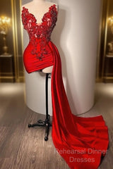 Red Beaded Appliques With Train Semi Formal Prom Dresses拢卢Sweetheart Mini Cocktail Evening Dress