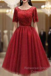 Red Lace Top Short Sleeves Tulle Tea Length Party Dress, Red Wedding Party Dress Homecoming Dress