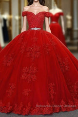 Red Long Princess Off the Shoulder Tulle Lace Wedding Dress