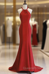 Red Mermaid Halter Long Evening Dress, Red Backless Formal Dress Evening Prom Dress