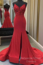 Red Mermaid Llong Semi Formal Prom Dress Appliques Slit Evening Dress