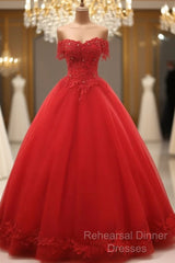 Red Off Shoulder Long Party Dress, A-Line Tulle Evening Dress Formal Gown