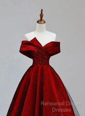 Red Satin And Black Tulle A-Line Off Shoulder Party Dress, Simple A-Line Semi Formal Prom Dress