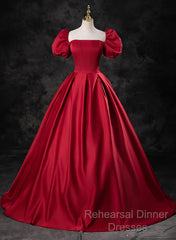 Red Satin Off Shoulder Long Simple A-Line Wedding Party Dress, Red Long Evening Dress