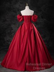 Red Satin Off Shoulder Long Simple A-Line Wedding Party Dress, Red Long Evening Dress