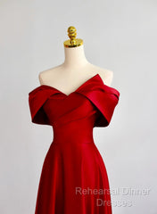 Red Satin Off Shoulder Sweetheart Long Party Dress, Red Satin Semi Formal Prom Dress