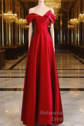 Red Satin Off Shoulder Sweetheart Long Party Dress, Red Satin Semi Formal Prom Dress