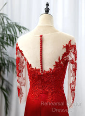 Red Satin With Lace Round Neckline Party Dress, Red Satin Evening Dress