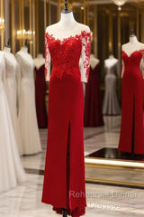 Red Satin With Lace Round Neckline Party Dress, Red Satin Evening Dress