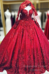 Red Sequins Lace Wedding Dress Ball Gown Long Sleeves