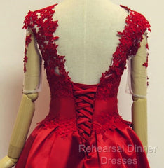 Red Short Sleeves Satin And Applique Homecoming Dresses, Red Short Semi Formal Prom Dresses, Formal Dress