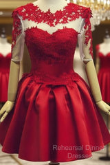 Red Short Sleeves Satin And Applique Homecoming Dresses, Red Short Semi Formal Prom Dresses, Formal Dress