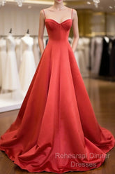 Red Spaghetti Strap Satin Long Semi Formal Prom Dress, Simple A-Line Evening Party Dress