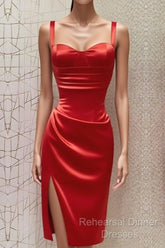 Red Sweetheart Neckline Slit Homecoming Dress Midi Semi Formal Prom Dress