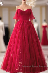 Red Sweetheart Tulle Long Formal Dress, Red Off Shoulder Party Dress Semi Formal Prom Dress