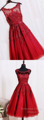 Red Tea Length Round Homecoming Dresses, Lace Applique Red Party Dress, Vintage Style Semi Formal Prom Dress