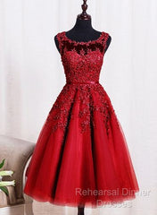 Red Tea Length Round Homecoming Dresses, Lace Applique Red Party Dress, Vintage Style Semi Formal Prom Dress