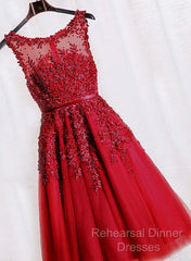 Red Tea Length Round Homecoming Dresses, Lace Applique Red Party Dress, Vintage Style Semi Formal Prom Dress
