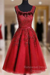 Red Tea Length Round Homecoming Dresses, Lace Applique Red Party Dress, Vintage Style Semi Formal Prom Dress