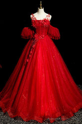 Red Tulle Ball Gown Off Shoulder Sweet 16 Formal Dresses, Red Evening Gown Party Dress