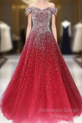 Red Tulle Beaded Off The Shoulder Long Party Gown, Red Formal Dresses
