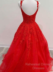 Red Tulle Lace Appliques Long Semi Formal Prom Dress A Line Formal Evening Dress