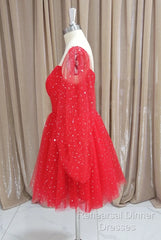 Red Tulle Long Puffy Sleeves Short Semi Formal Prom Dress, Red Tulle Homecoming Dress