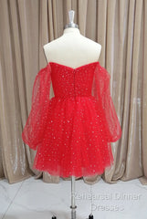 Red Tulle Long Puffy Sleeves Short Semi Formal Prom Dress, Red Tulle Homecoming Dress