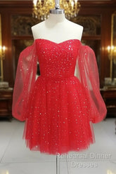 Red Tulle Long Puffy Sleeves Short Semi Formal Prom Dress, Red Tulle Homecoming Dress
