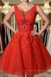 Red v neck lace tulle short Semi Formal Prom Dresses, red homecoming Dresses