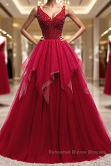 Red V Neck Long Semi Formal Prom Dresses with Corset Back, Red Floor Length Semi Formal Prom Dresses Gown, Evening Dresses
