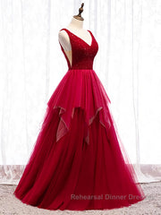 Red V Neck Long Semi Formal Prom Dresses with Corset Back, Red Floor Length Semi Formal Prom Dresses Gown, Evening Dresses